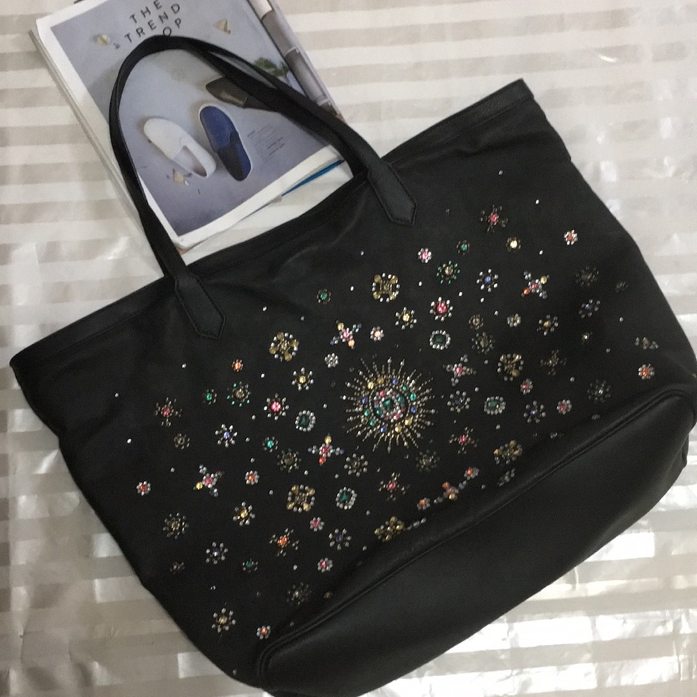 Black Stone Studded Leather Tote